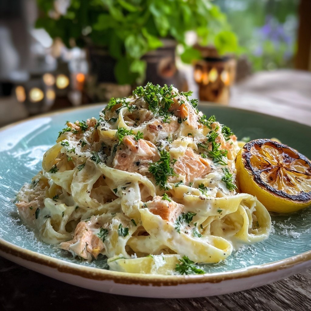 Classic Salmon Alfredo with Fettuccine
