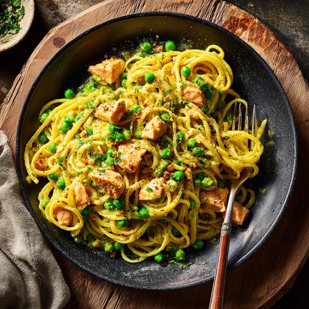 Curried Salmon Pasta with Peas